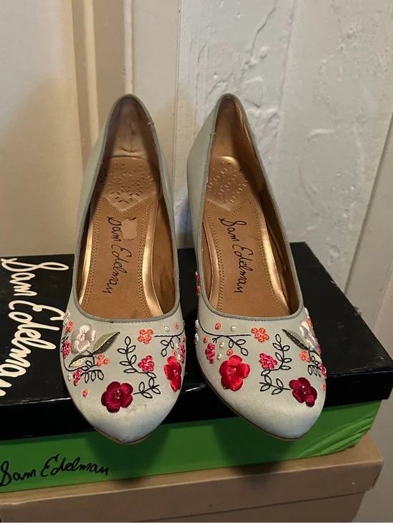 Sam Edelman Women's Mint Green Heels With Floral Accents - Size 10