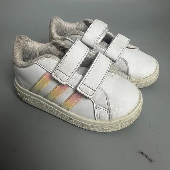 Adidas Grand Court 2.0 Toddler Shoes White Iridescent GY2328 Size 6K Hook & Loop
