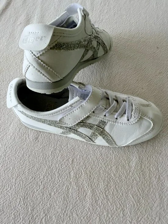 Onitsuka Tiger by Asics Kids White Sneakers with Silver Glitter Stripes