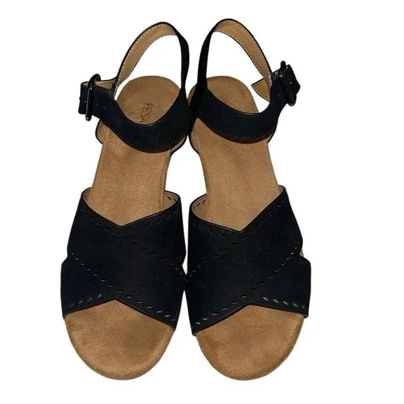 Pesaro Elle Black Faux Suede Cork Wedge‎ Sandals Perforated Strappy Size 8
