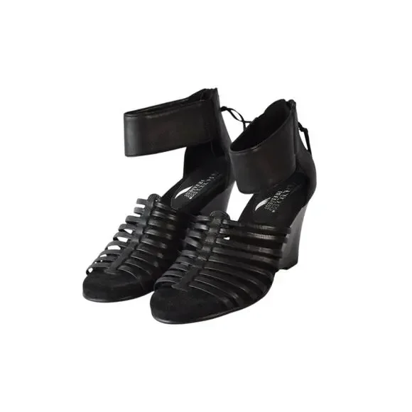 Aerosoles Black Leather Caged Wedge Sandals Strappy Zip Back -  Size 6