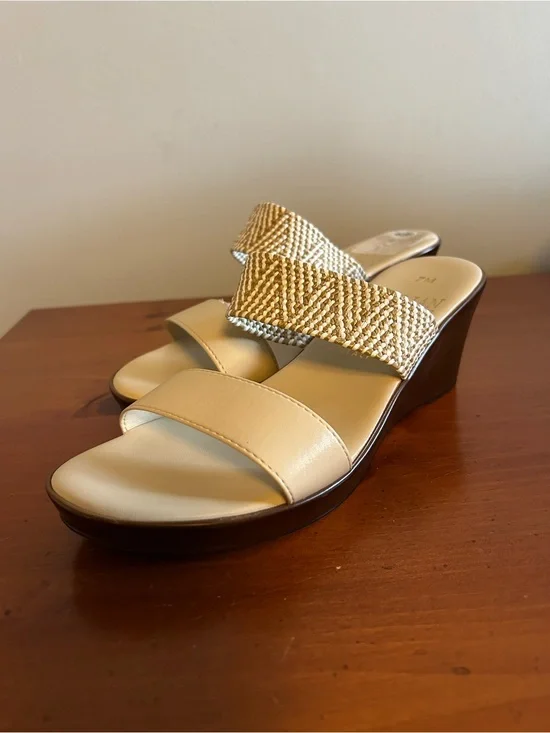 Women's Cream Two-Band Wedge Slide Sandals with Woven Accent
