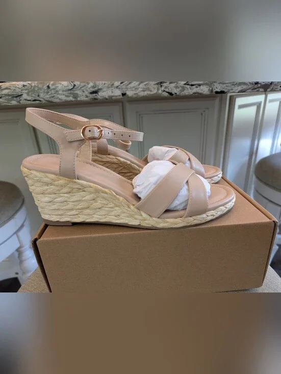 Marc Ford Womens Tan Espadrille Wedge Sandals - Lightweight Ankle Strap NWT 8