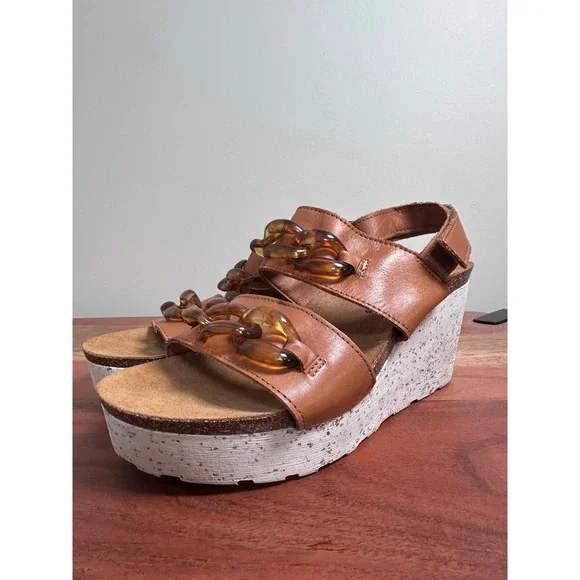 OTBT Fair Isle Wedge Sandals Womens 8.5M Tan Leather Boho Chunky Platform