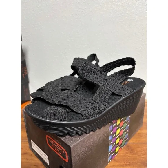Bernie Mev Fame Black Woven Elastic Platform Wedge Sandals Womens Size 39 US 8