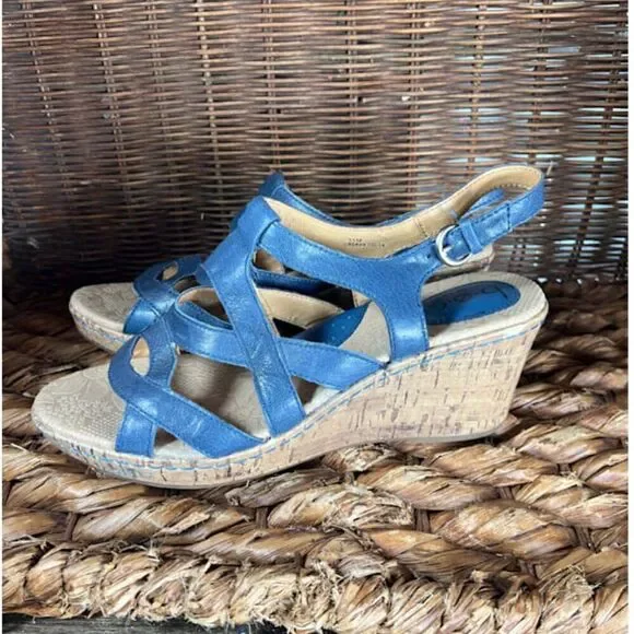 B.O.C. Women’s‎ Blue Strappy Ankle Strap Cork Wedge Sandals Size 11M