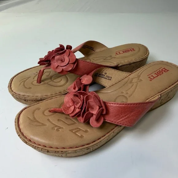Born Womens Coral Pink Leather Floral Wedge Thong Sandals‎ B93805 Size 7 38