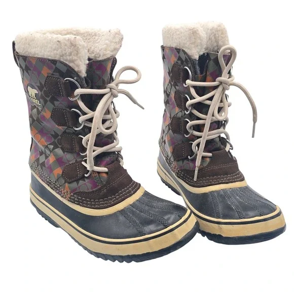 Sorel Pac Graphic Winter Snow Boots Womens Size 7 Waterproof Multi Plaid Leather