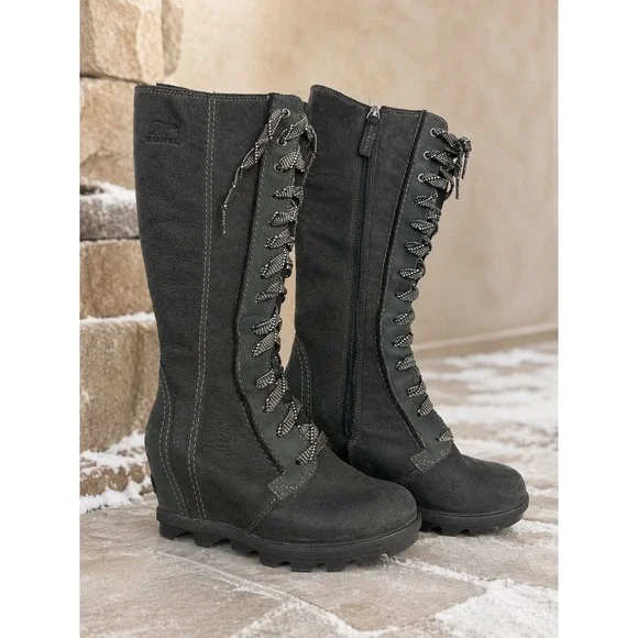 Sorel Joan of Arctic Wedge II Tall Black Leather Waterproof Boots NL2981-010 6.5