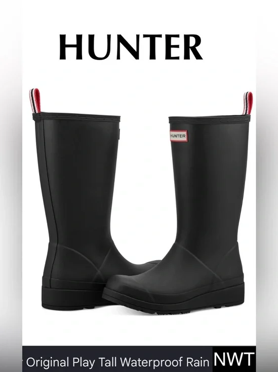 NWT Hunter Women's PLAY™ Tall Rain Boots Blk Mid Calf Wellies w Pull Tab Size 6
