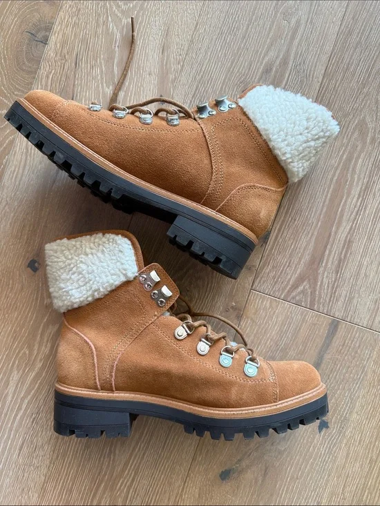 Marc Fisher Women's Tan Suede Shearling-Collar Hiking Boots