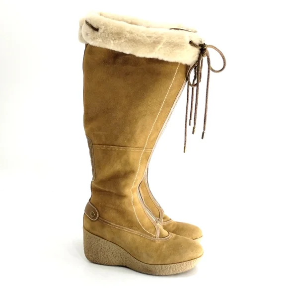 Cole Haan Tall Boots Suede Sheep Shearling‎ Zip Front