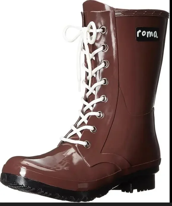 Roma Epaga Combat Mid Rain Boots 10 NWT Brown Mid Calf Wellies Lace Up