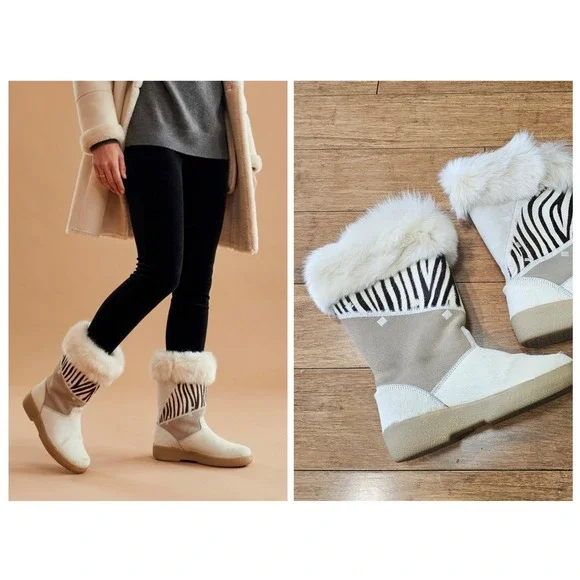 Cristina Italy Zebra Fur Trim Leather Boots Women‎ 37 White Tan