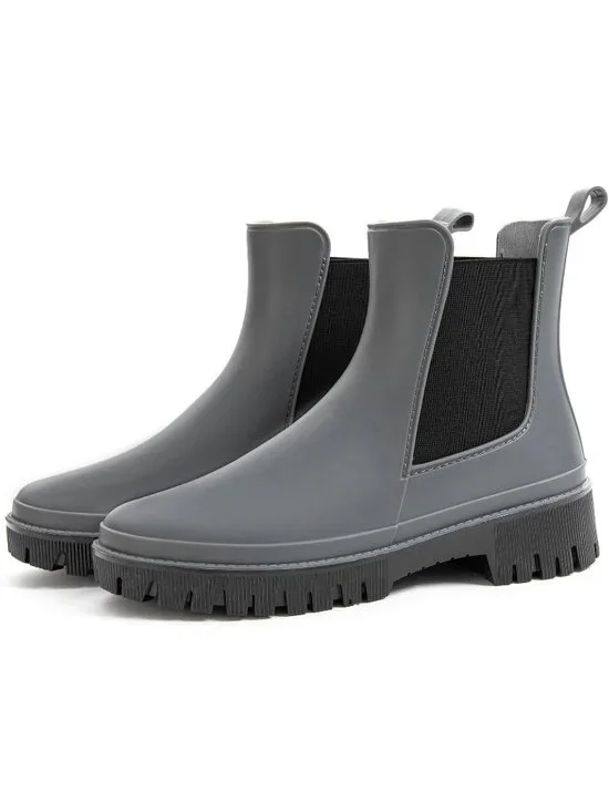 Women's Grey Rubber Short Chelsea Waterproof Rain Boots For Ladies