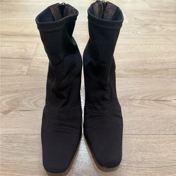 DKNY Dark Brown Stretchy Sock Bootie back zip square toe  made in Spain 8