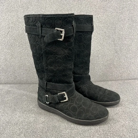 Coach Black Suede Monogram Tall‎ Boots Buckle Detail Women's US 8 B EU 38.5