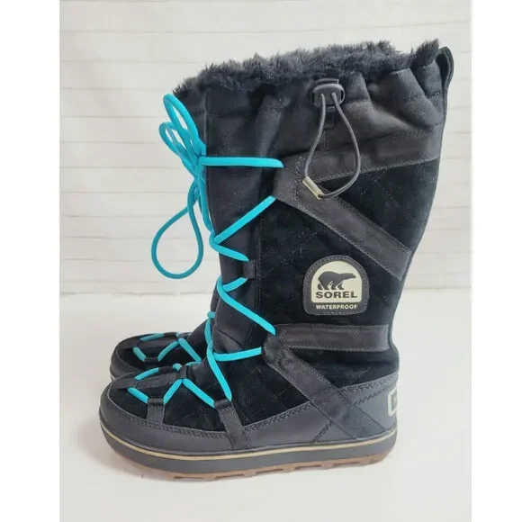 Sorel Glacy Explorer Suede Waterproof Tall Boots  in Black, sz 9