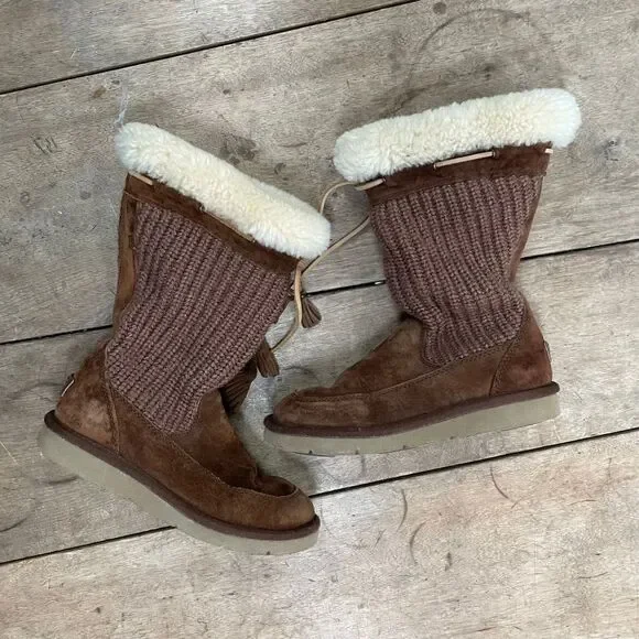 UGG Australia Boots Womens Size 5 Tan Leather‎ Mid Calf Winter Shearling