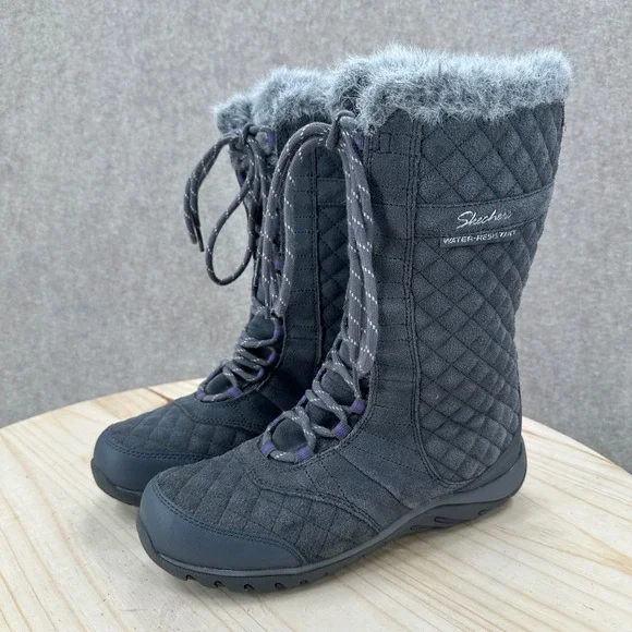 Skechers Adventure Winter Boots Womens 8.5 Gray Quilted Faux Fur Water Resistant