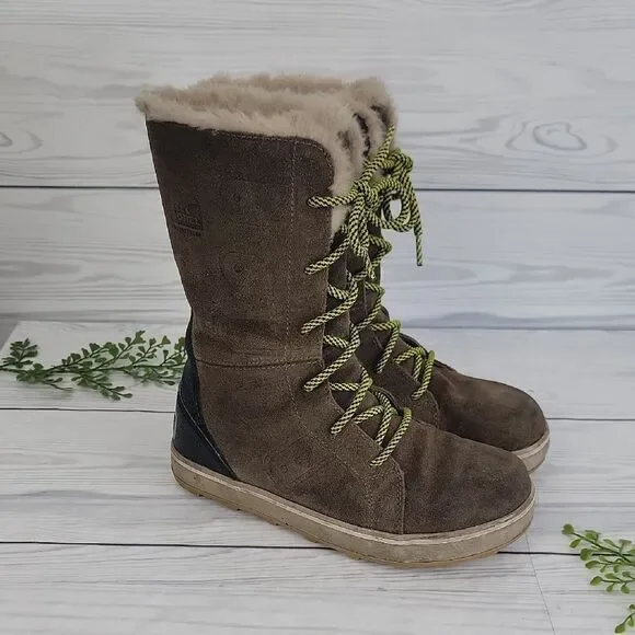 Sorel Glacy Winter Boots Brown Leather  Faux Fur Lining Womens Size 6