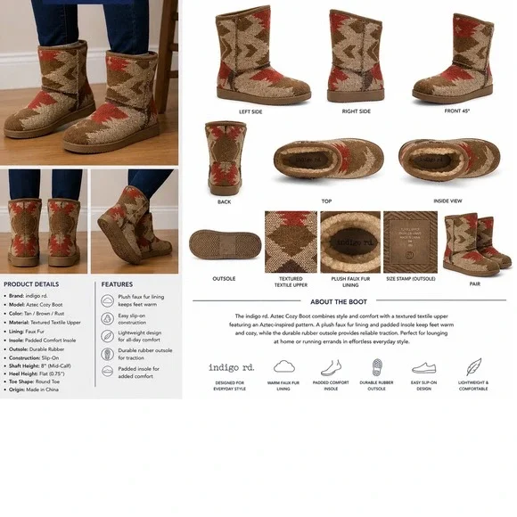 Indigo rd. Aztec Cozy Boot Women 6M Tan‎ Brown Rust Faux Fur Lined Mid Calf Boot