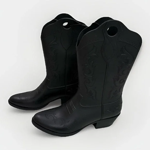Womans Cowboy Rubber Rain Boots Sz 7‎ Black Pull On Water Resistant Southwestern