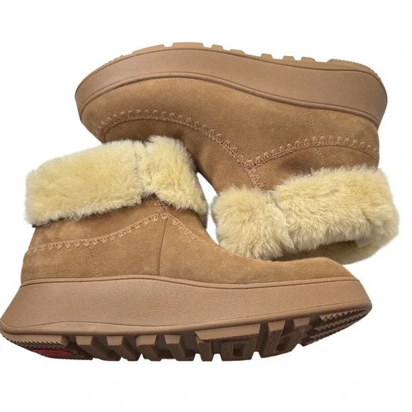 FitFlop Mukluk Short Suede Shearling Boots Tan Platform‎ Womens 11