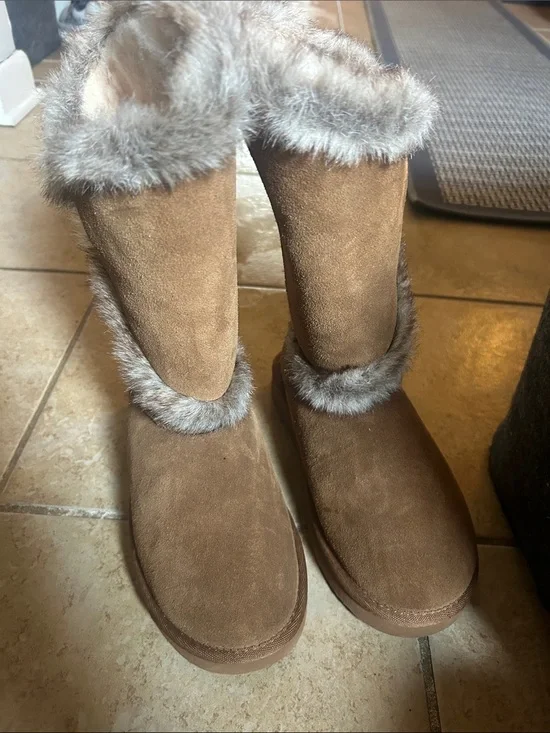 BearPaw Tall Faux-Fur Trim Suede Winter Boots - Brown