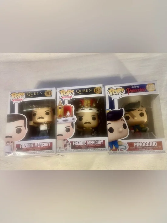 Funko Pop Lot of 3: Freddie Mercury #183, #184 (Queen) & Pinocchio #1029 (Disney