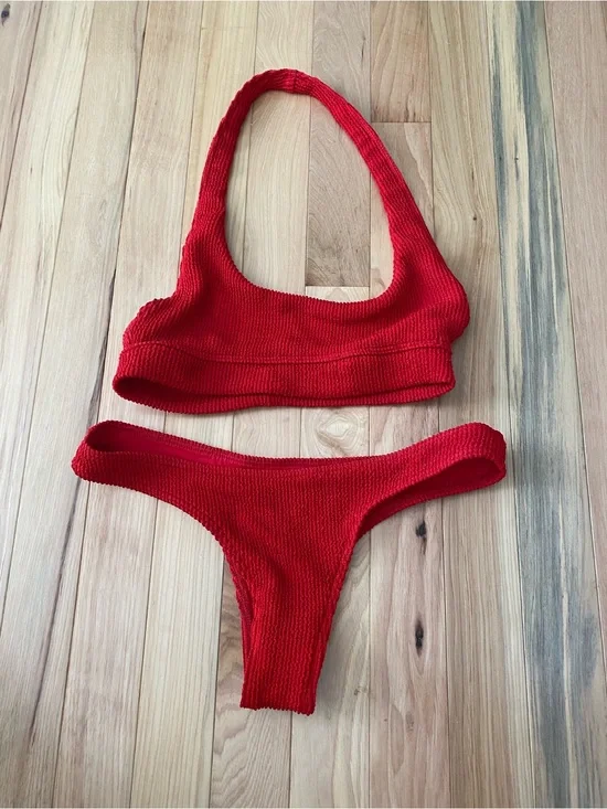 Frankie’s Bikinis Red Ribbed Halter Bikini Set - Women’s Swim