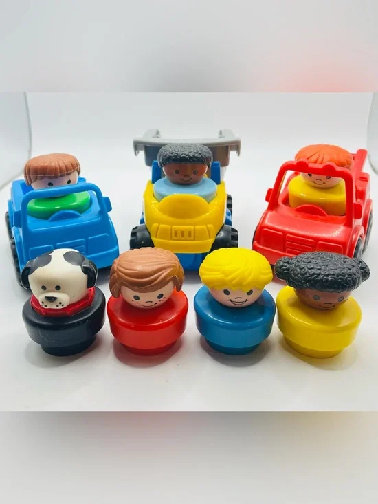 Vintage Fisher Price Little People Chunky Lot Of 7 Figures And 3 Vehicles