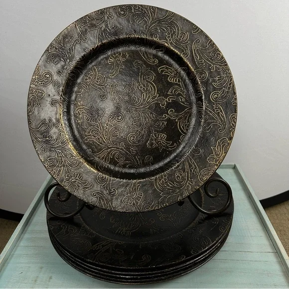 PIER 1 charger plates in burnished brown with gold embossing - Set of 6