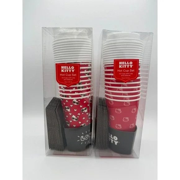 Hello Kitty Hot Cup‎ Set 10 Cups with Lids and Sleeves Sanrio Red Kawaii