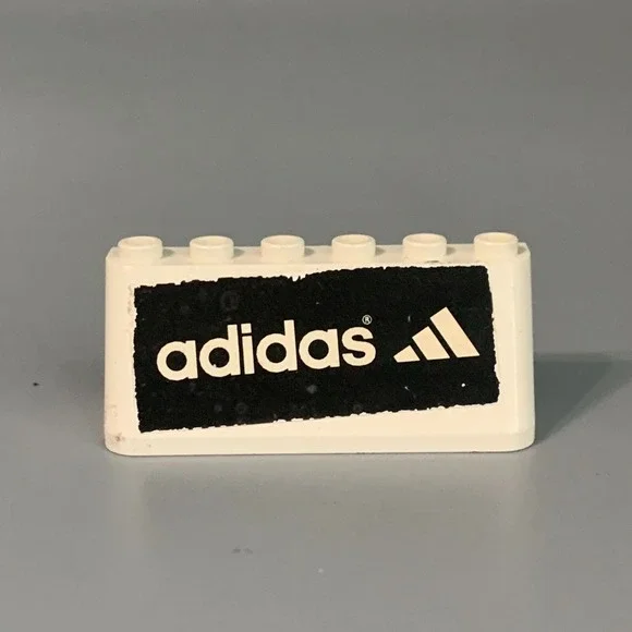 Adidas Logo Branded Building Block 2x4 Sloped Brick White Black Graphic Piece