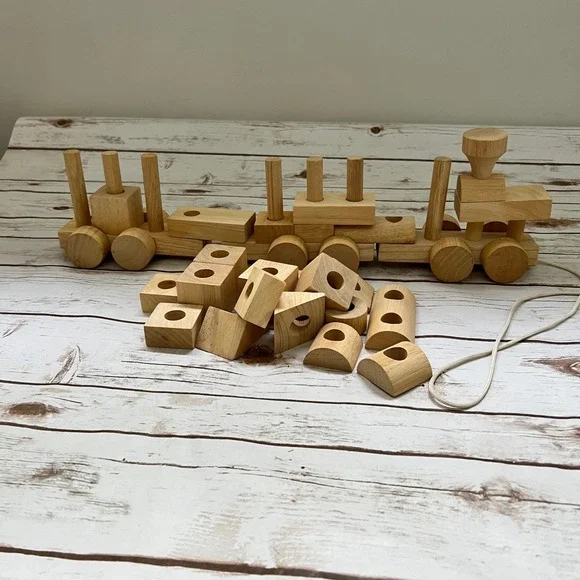 Wooden Stacking Train Pull Toy Natural Wood Montessori Waldorf OS