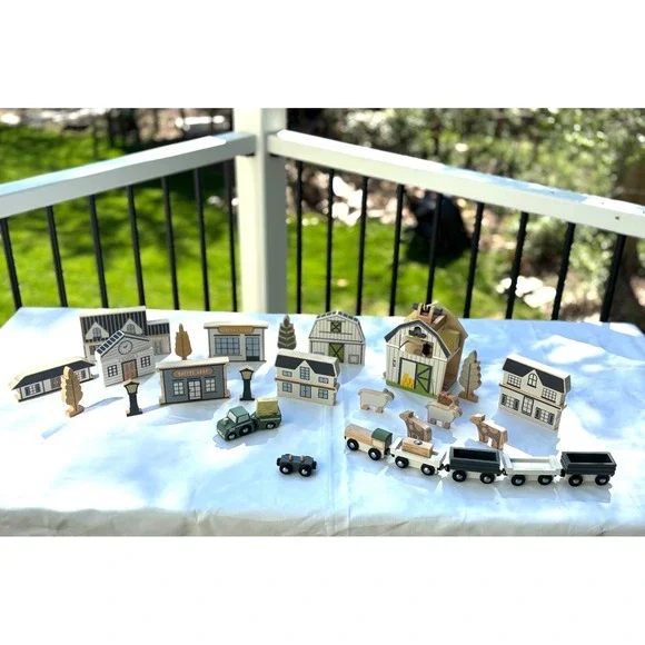 Hearth & Hand Wooden Toy Barn & Block Town w/ Train Truck 36 Pc Set Incomplete‎