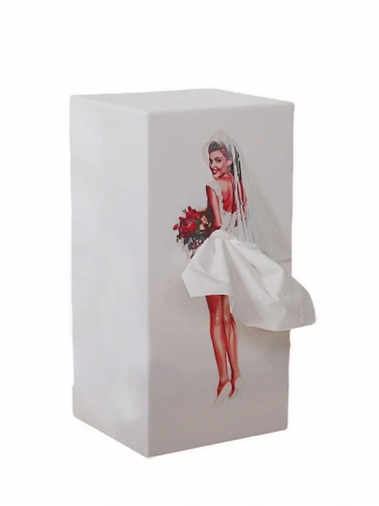 White Bridal Tissue Box Cover with Pin-Up Bride Print