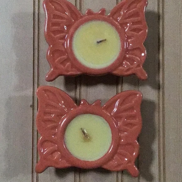 Set of 2 Pier 1 Orange Ceramic Butterfly Candles NWT‎