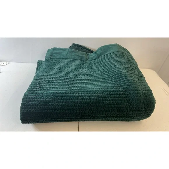 Pottery Barn Hunter Green Velvet Full/Queen Quilt Pick Stitch 90