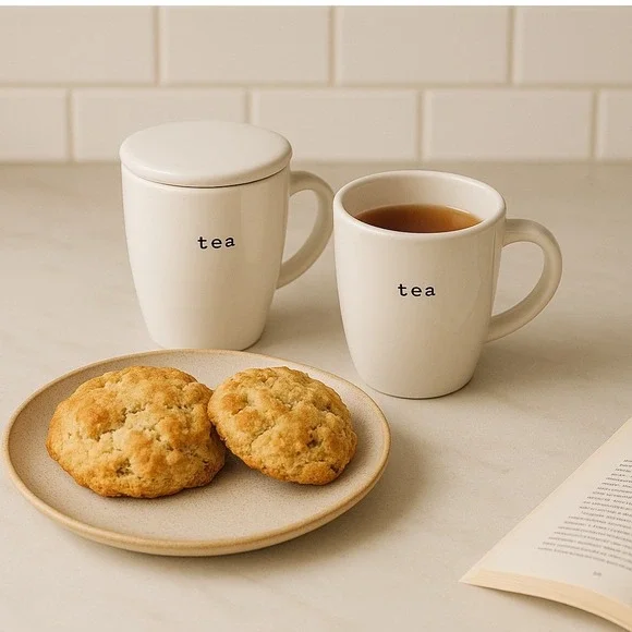 Pottery Barn Coffee House White‎ Ceramic Tea Mug Infuser Lid Set