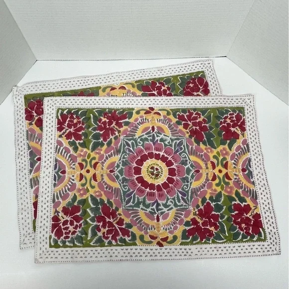 Set of 2 Pottery Barn 100% cotton block print multicolor placemats.