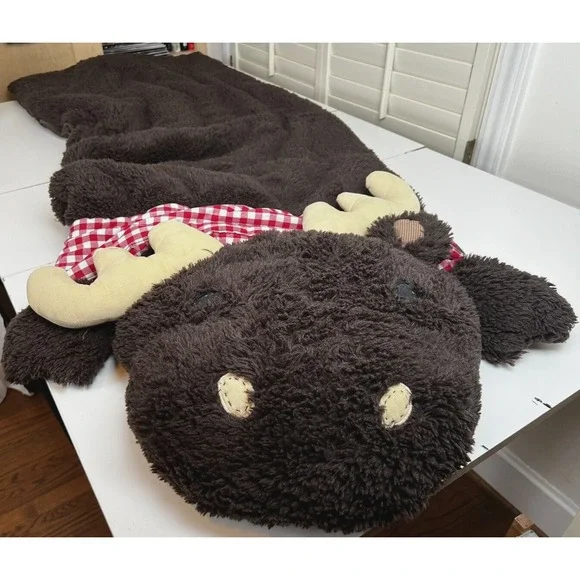 Pottery Barn Kids Moose Plush Sleeping Bag Brown Lined in Red Gingham