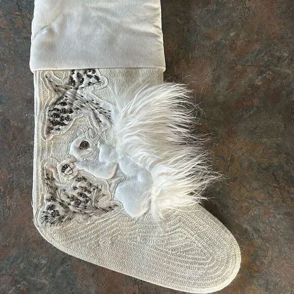 Pottery barn Woodland White Squirrel Christmas Stocking Sequins Faux Fur