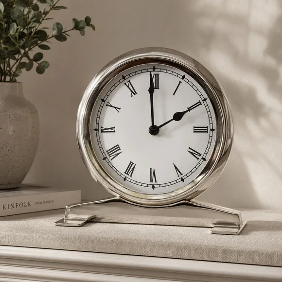 Pottery Barn Roman Numeral Nickel Table Mantel Clock Art Deco Style