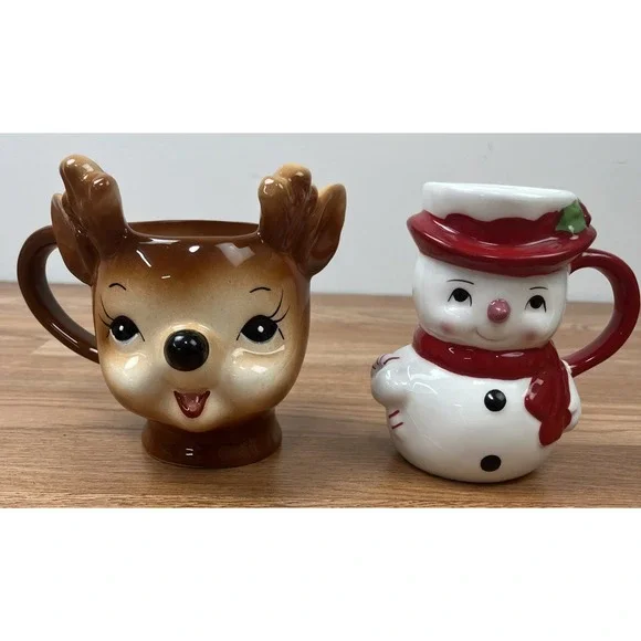 Pottery Barn Set of 2 Christmas Mugs Reindeer & Snowman Vintage Style