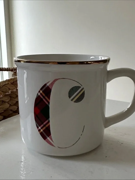 Pottery Barn White Ceramic Mug with Plaid Monogram and Gold Rim