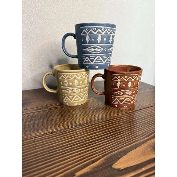 Vintage Pottery‎ Barn Very Rare Cup Coffee Mug Vintage Set 3 Aztec Leaves