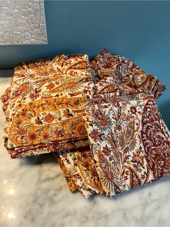 Pottery Barn Paisley Cotton Napkin Set in Rust, Gold & Cream