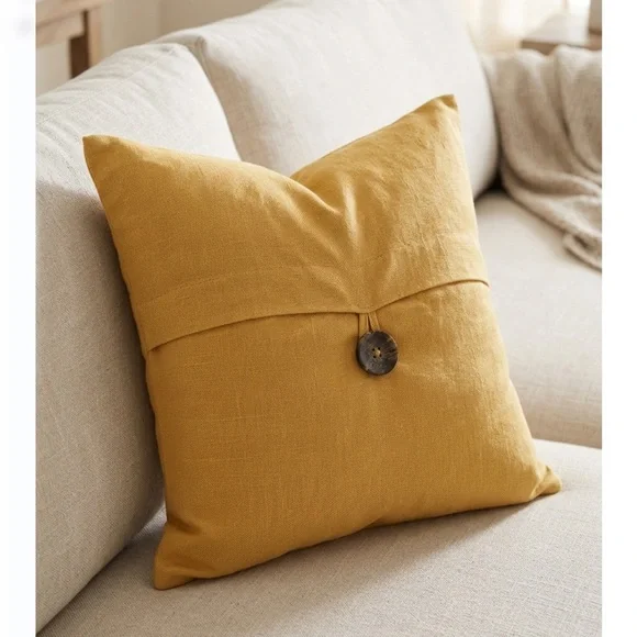 Pottery Barn Mustard Yellow Linen Single button Pillow cover 18” x 18”